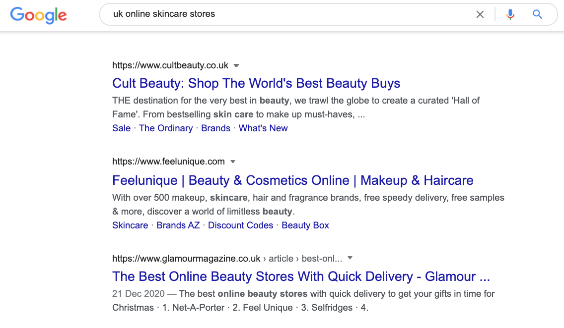 uk online skincare stores google shops digital marketing ecommerce