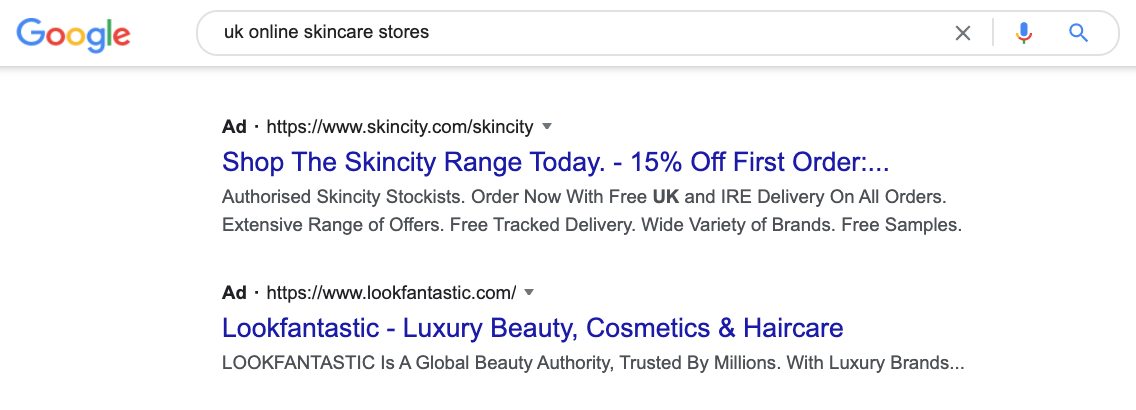ppc ecommerce skincare ad google search