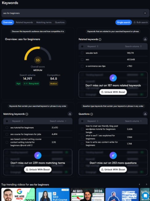 vidIQ keyword research tool for Youtube